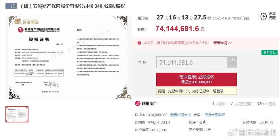 2.9亿元起拍!安诚财险1.82亿股再上拍卖台